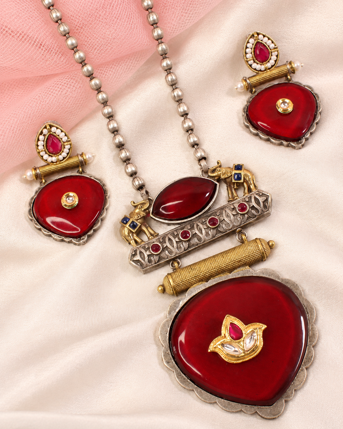 Floral Heart Drop Dual Tone Pendant Set - Ruby — AI-styled ornament detail view
