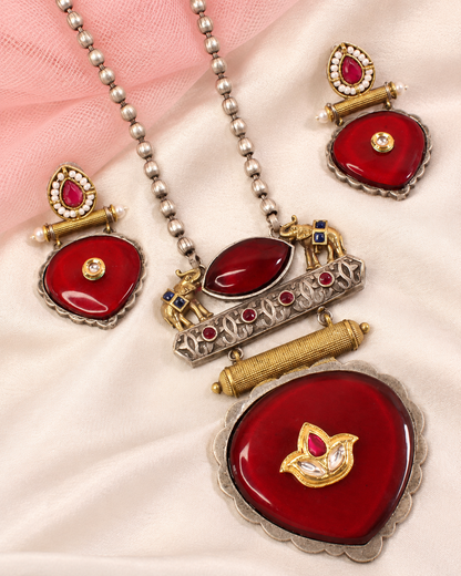 Floral Heart Drop Dual Tone Pendant Set - Ruby — AI-styled ornament detail view