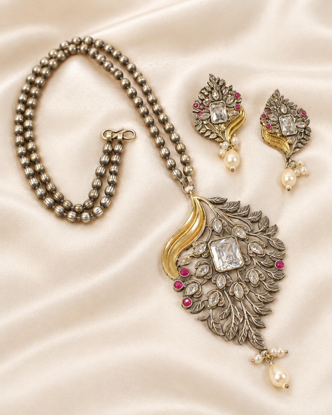 Leaf Peacock Dual Tone Pendant Set - Clear — AI-styled closeup view