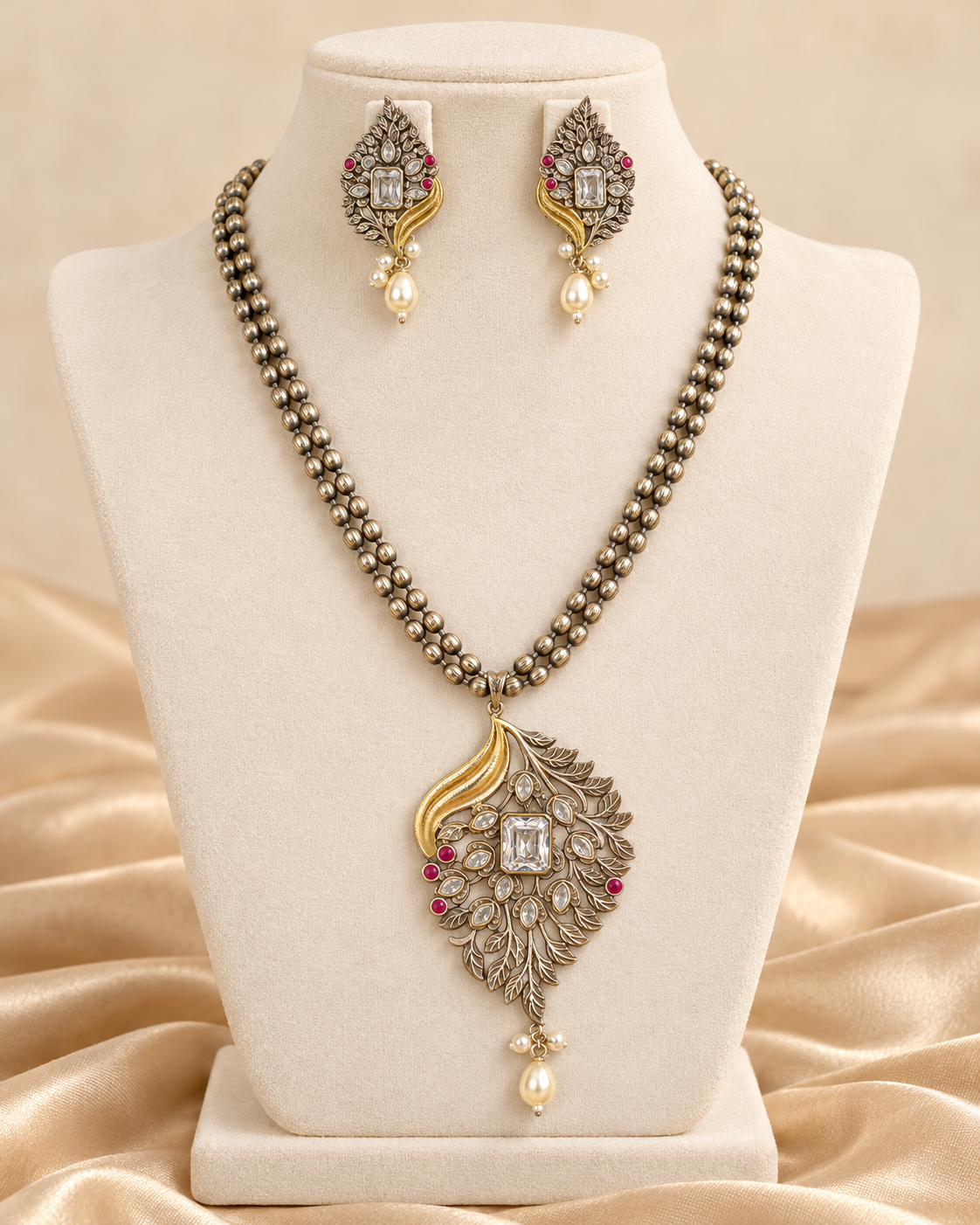 Leaf Peacock Dual Tone Pendant Set - Clear — AI-styled mannequin view
