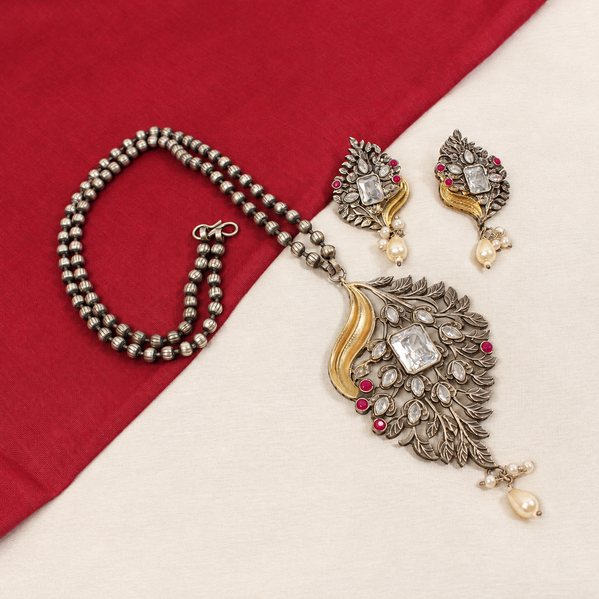 Leaf Peacock Dual Tone Pendant Set - Clear — retouched original photograph IMG_8098