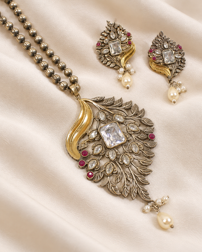 Leaf Peacock Dual Tone Pendant Set - Clear — AI-styled ornament detail view