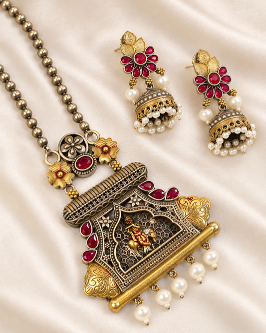 Temple Ganesha Floral Earring Pendant Set - Ruby — AI-styled closeup view