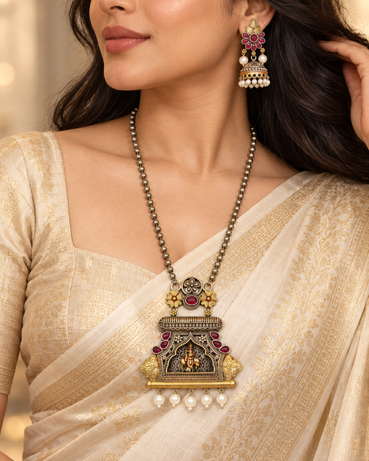 Temple Ganesha Floral Earring Pendant Set - Ruby — AI-styled model view