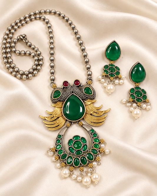 Ornate Teardrop Stone Pendant Set - Green — AI-styled closeup view