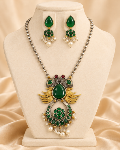 Ornate Teardrop Stone Pendant Set - Green — AI-styled mannequin view