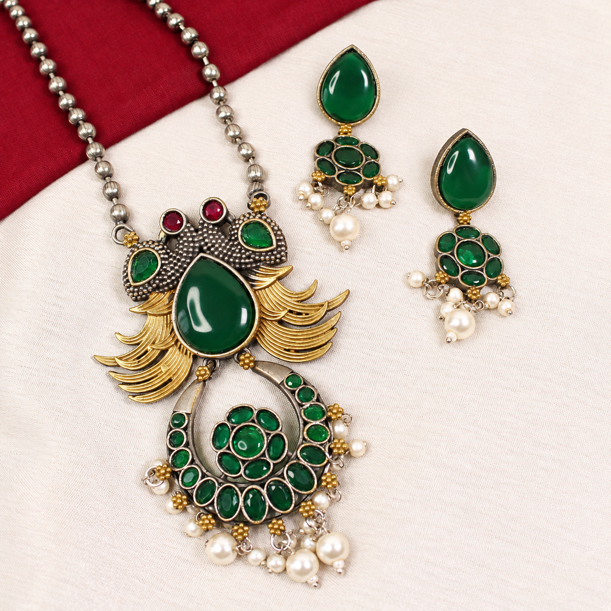 Ornate Teardrop Stone Pendant Set - Green — retouched original photograph IMG_8108