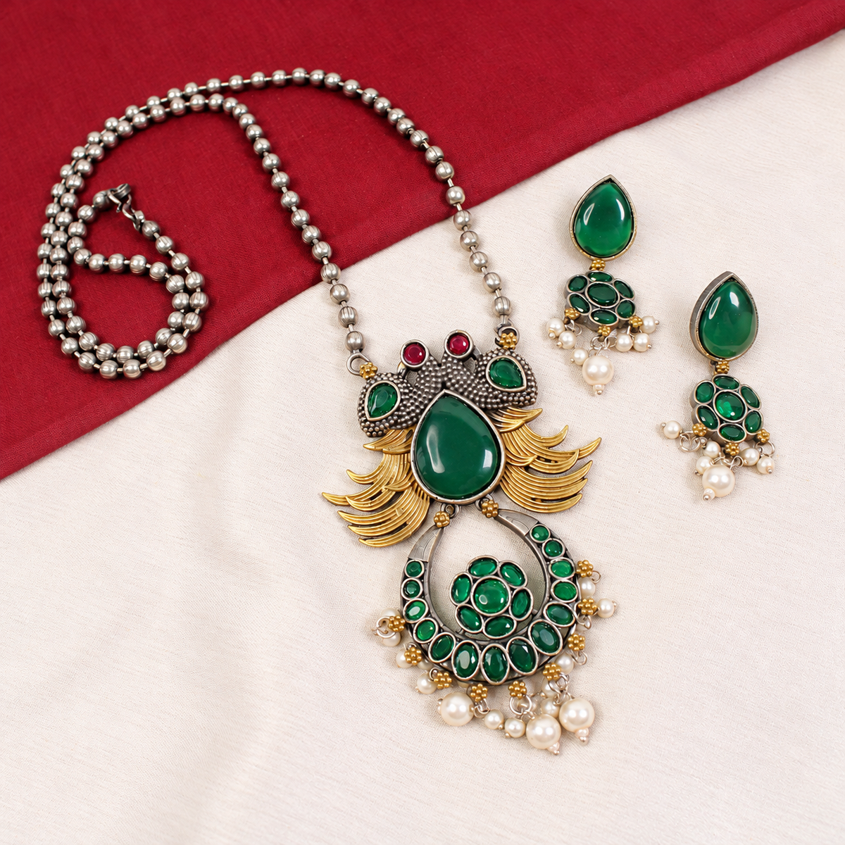 Ornate Teardrop Stone Pendant Set - Green — retouched original photograph IMG_8109