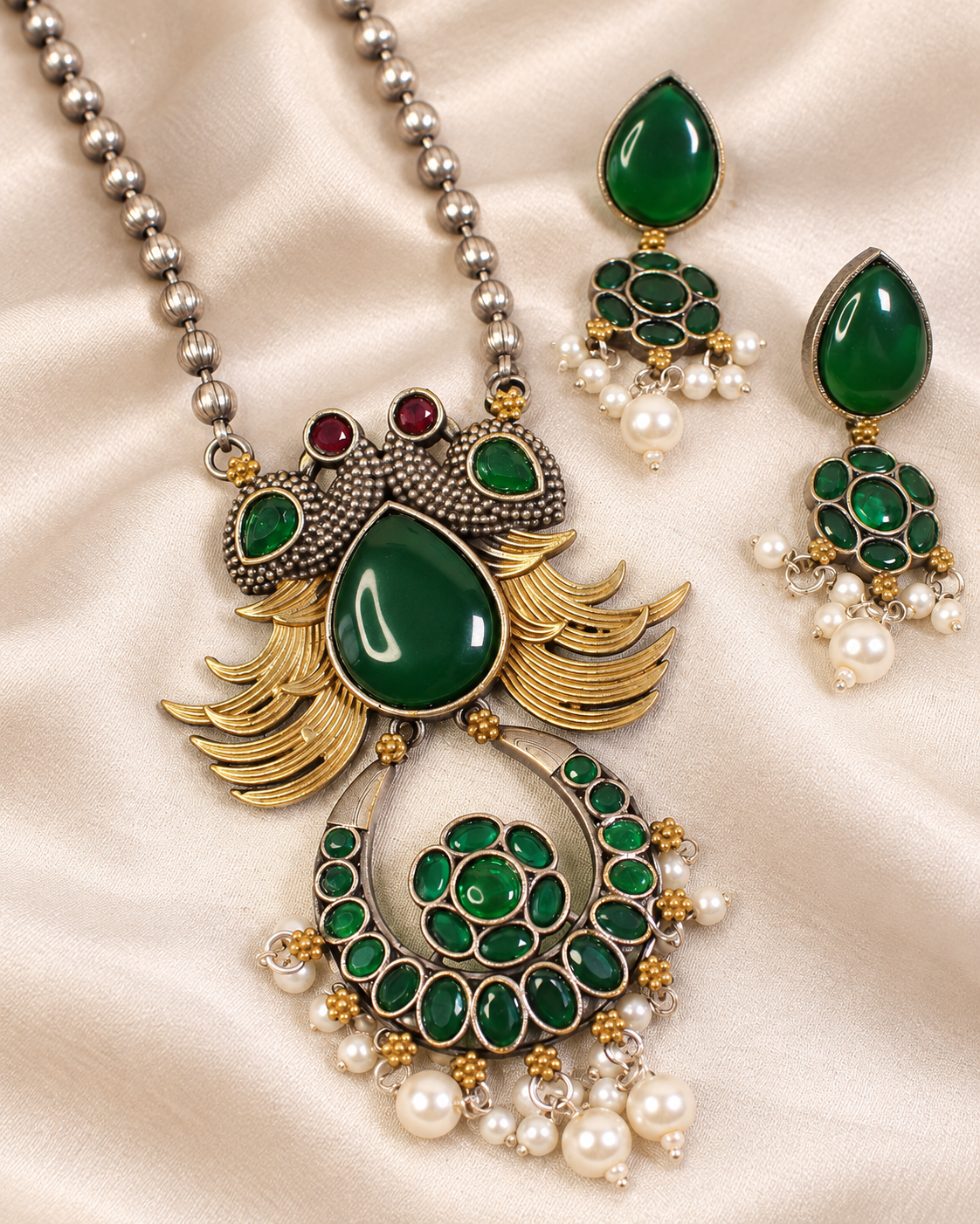 Ornate Teardrop Stone Pendant Set - Green — AI-styled ornament detail view