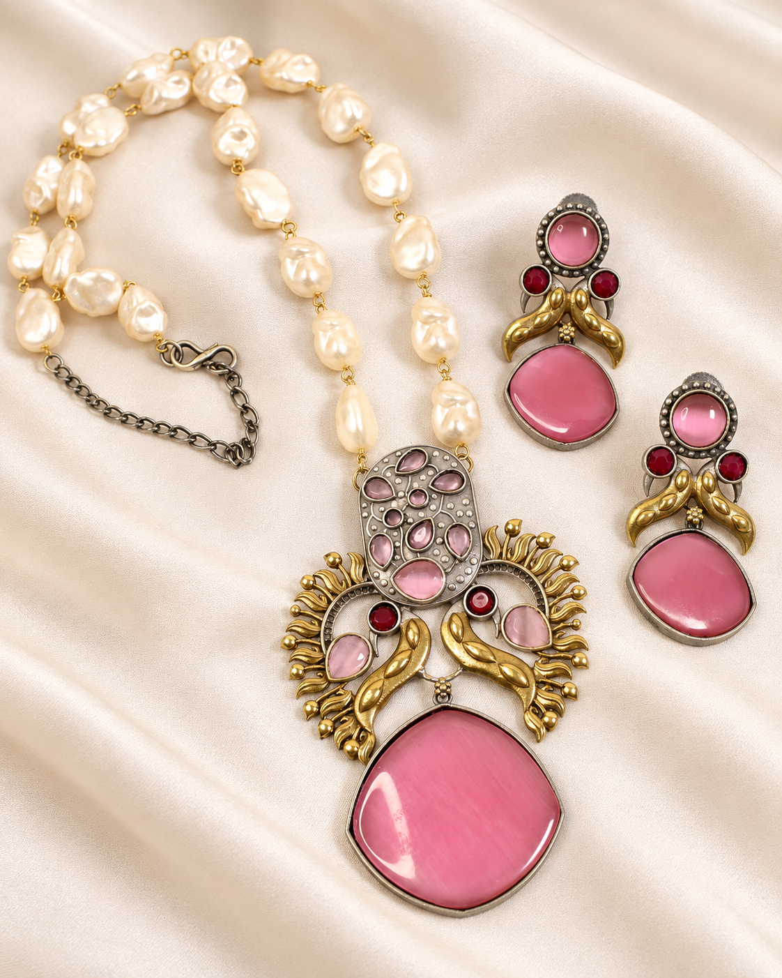 Peacock Pearl-Style Bead Pendant Set - Pink — AI-styled closeup view