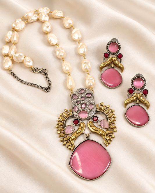 Peacock Pearl-Style Bead Pendant Set - Pink — AI-styled closeup view