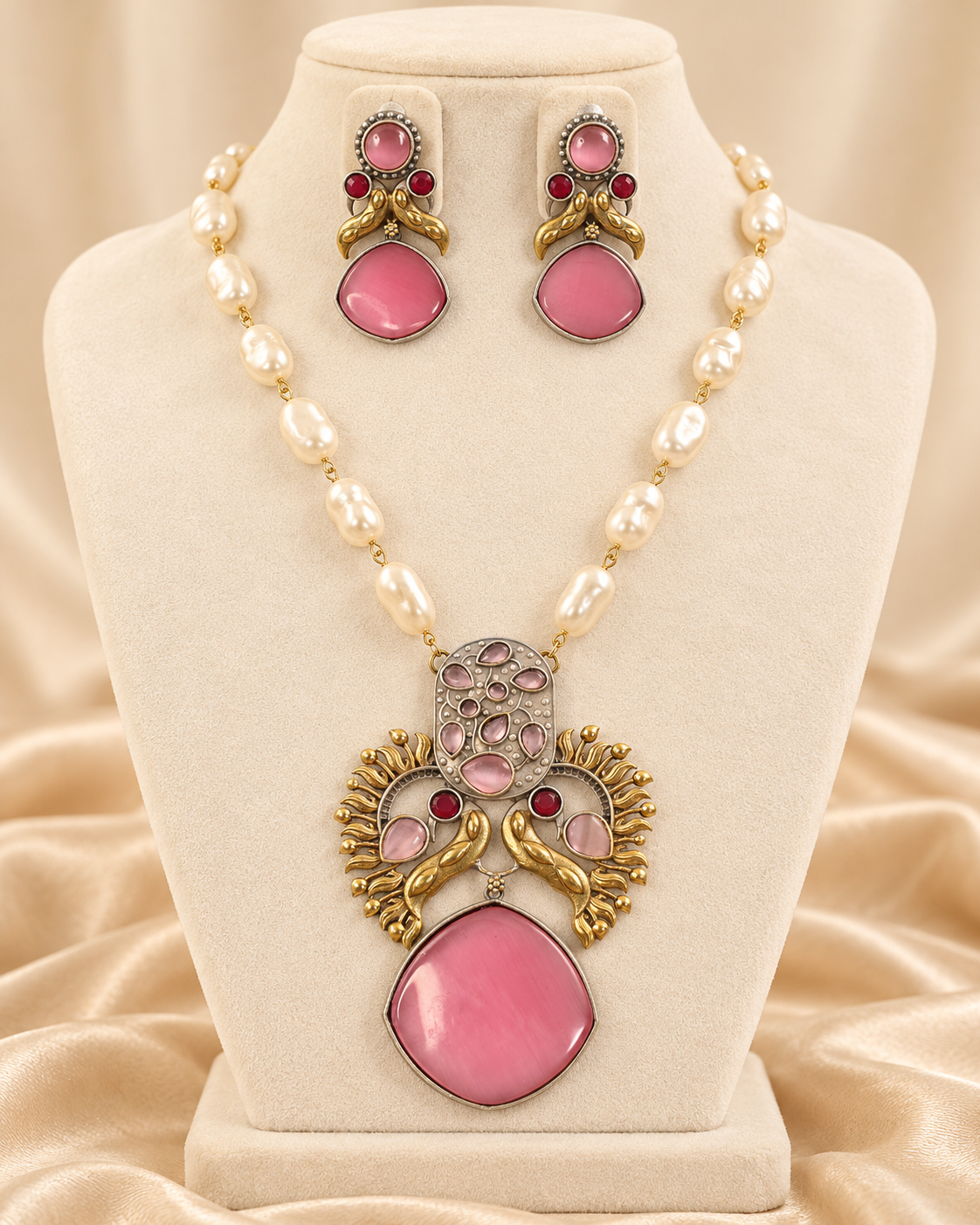 Peacock Pearl-Style Bead Pendant Set - Pink — AI-styled mannequin view