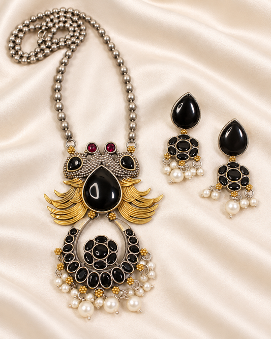 Ornate Teardrop Stone Pendant Set - Black — AI-styled closeup view