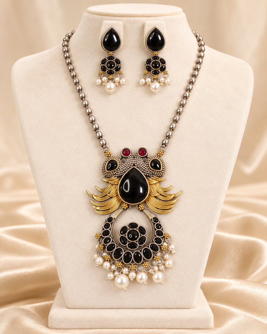 Ornate Teardrop Stone Pendant Set - Black — AI-styled mannequin view