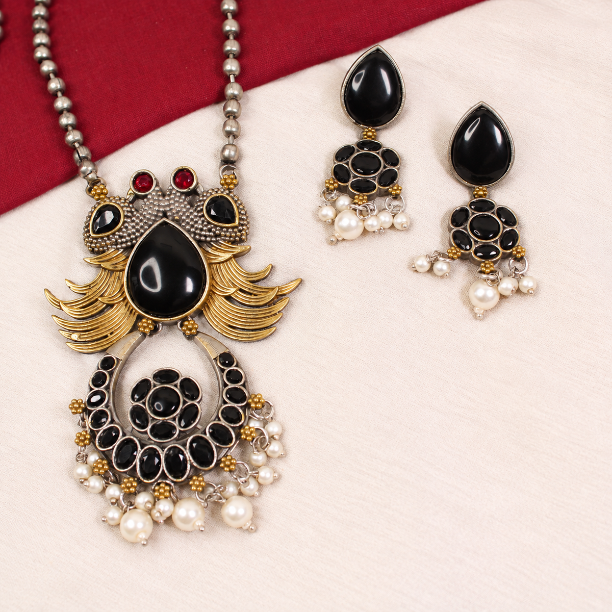 Ornate Teardrop Stone Pendant Set - Black — retouched original photograph IMG_8113