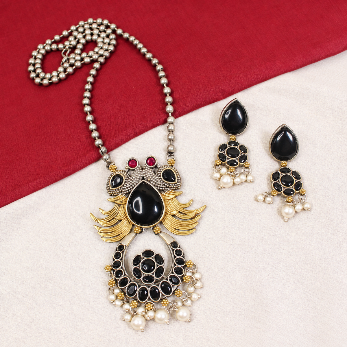 Ornate Teardrop Stone Pendant Set - Black — retouched original photograph IMG_8114