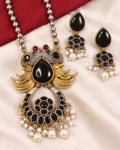 Ornate Teardrop Stone Pendant Set - Black — AI-styled ornament detail view
