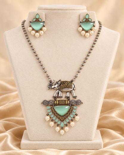Animal Motif Fan Pendant Set - Mint — AI-styled mannequin view