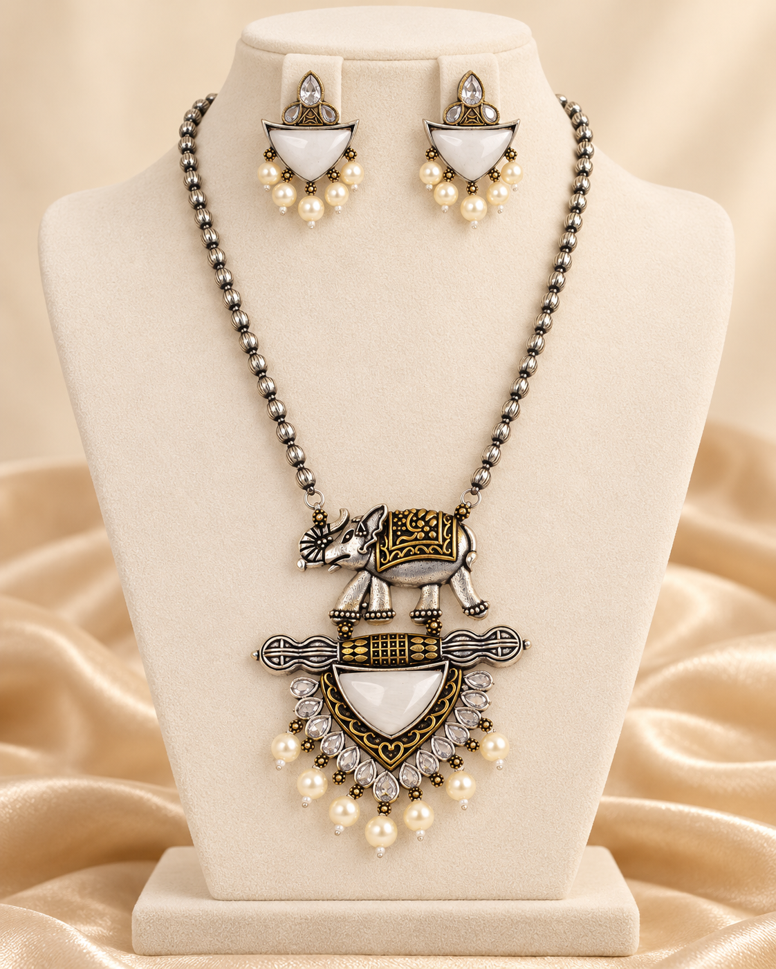 Animal Motif Fan Pendant Set - White — AI-styled mannequin view