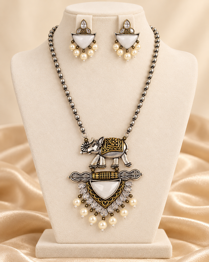 Animal Motif Fan Pendant Set - White — AI-styled mannequin view