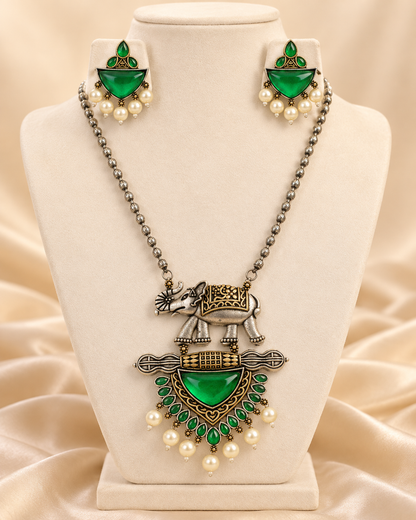 Animal Motif Fan Pendant Set - Green — AI-styled mannequin view