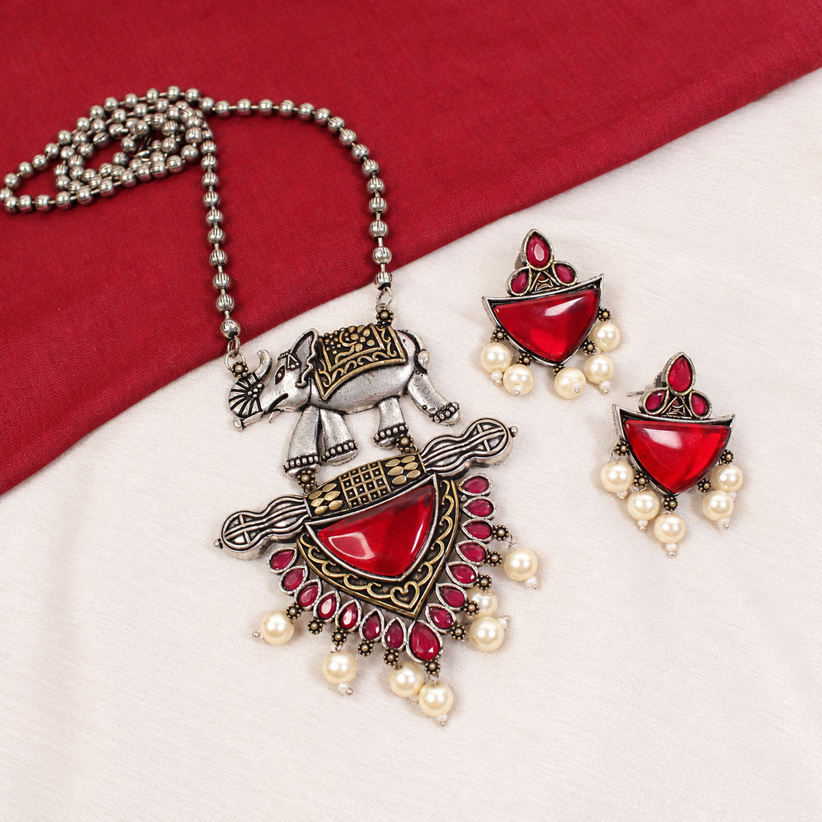 Animal Motif Fan Pendant Set - Ruby - retouched original photograph IMG_8126