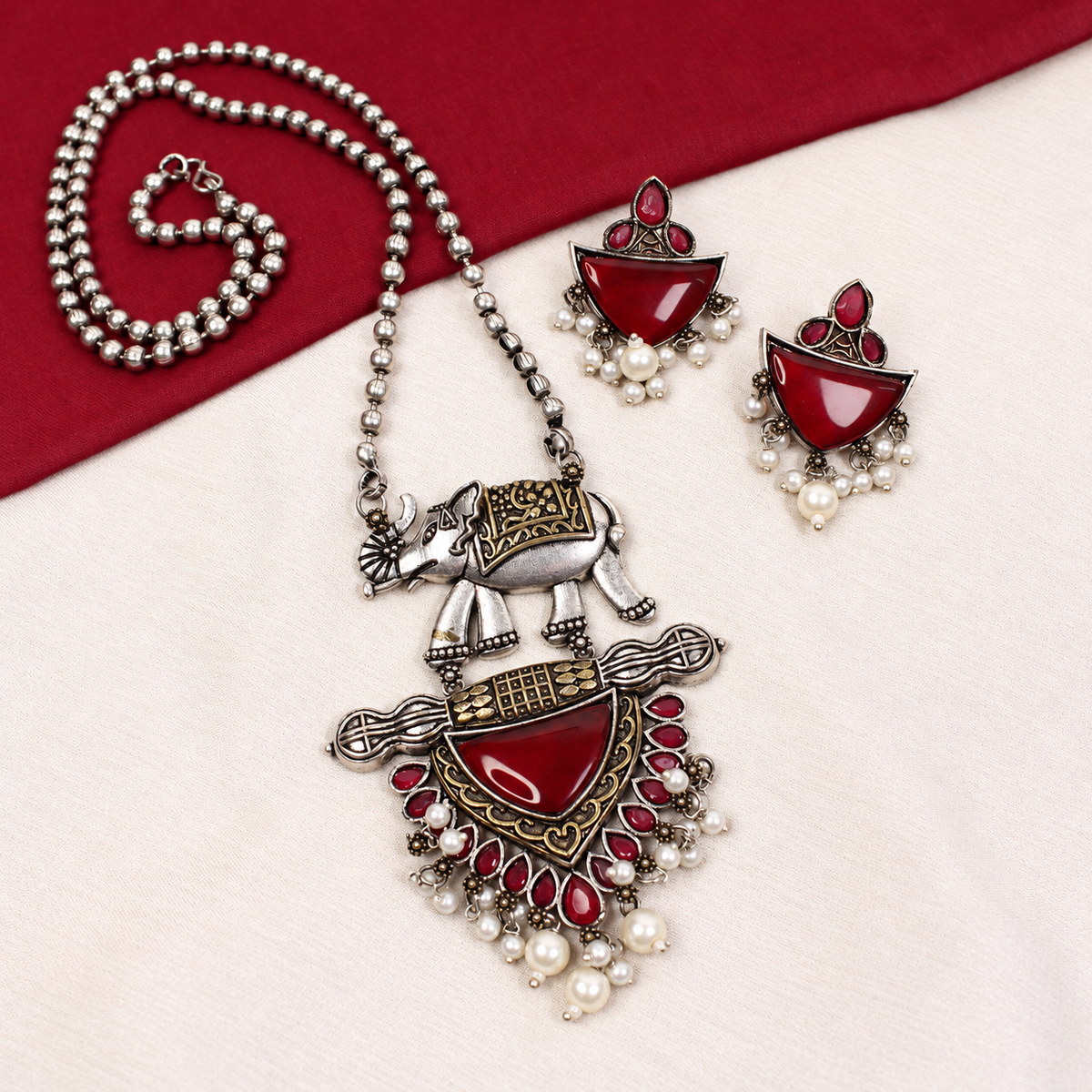 Animal Motif Fan Pendant Set - Ruby - retouched original photograph IMG_8203