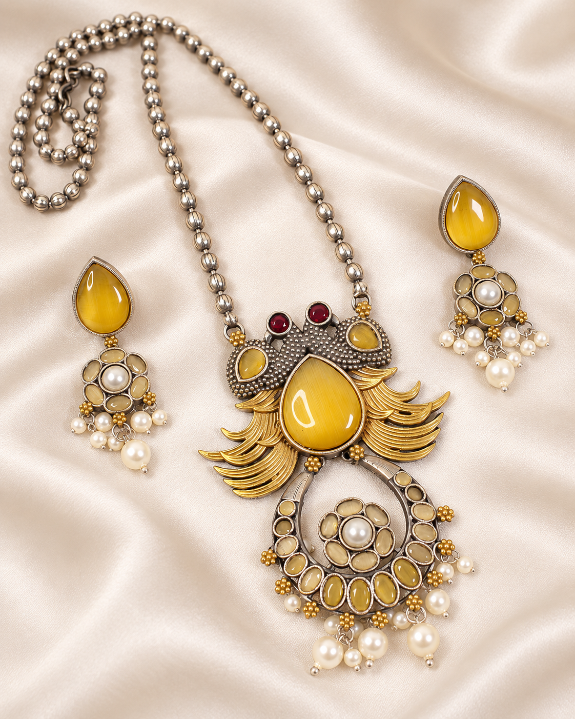 Ornate Teardrop Stone Pendant Set - Yellow — AI-styled closeup view