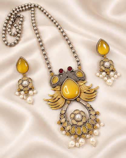 Ornate Teardrop Stone Pendant Set - Yellow — AI-styled closeup view