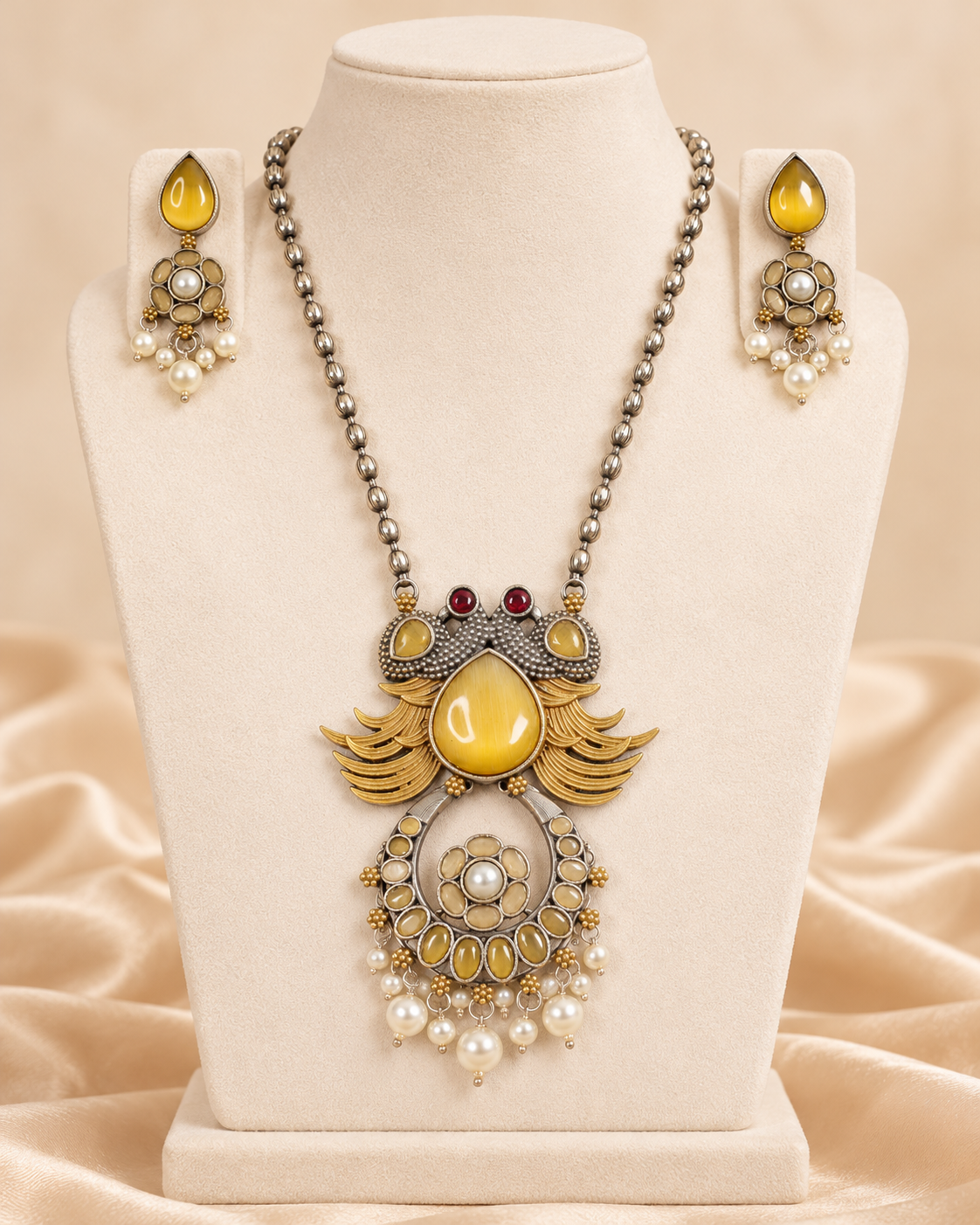 Ornate Teardrop Stone Pendant Set - Yellow — AI-styled mannequin view