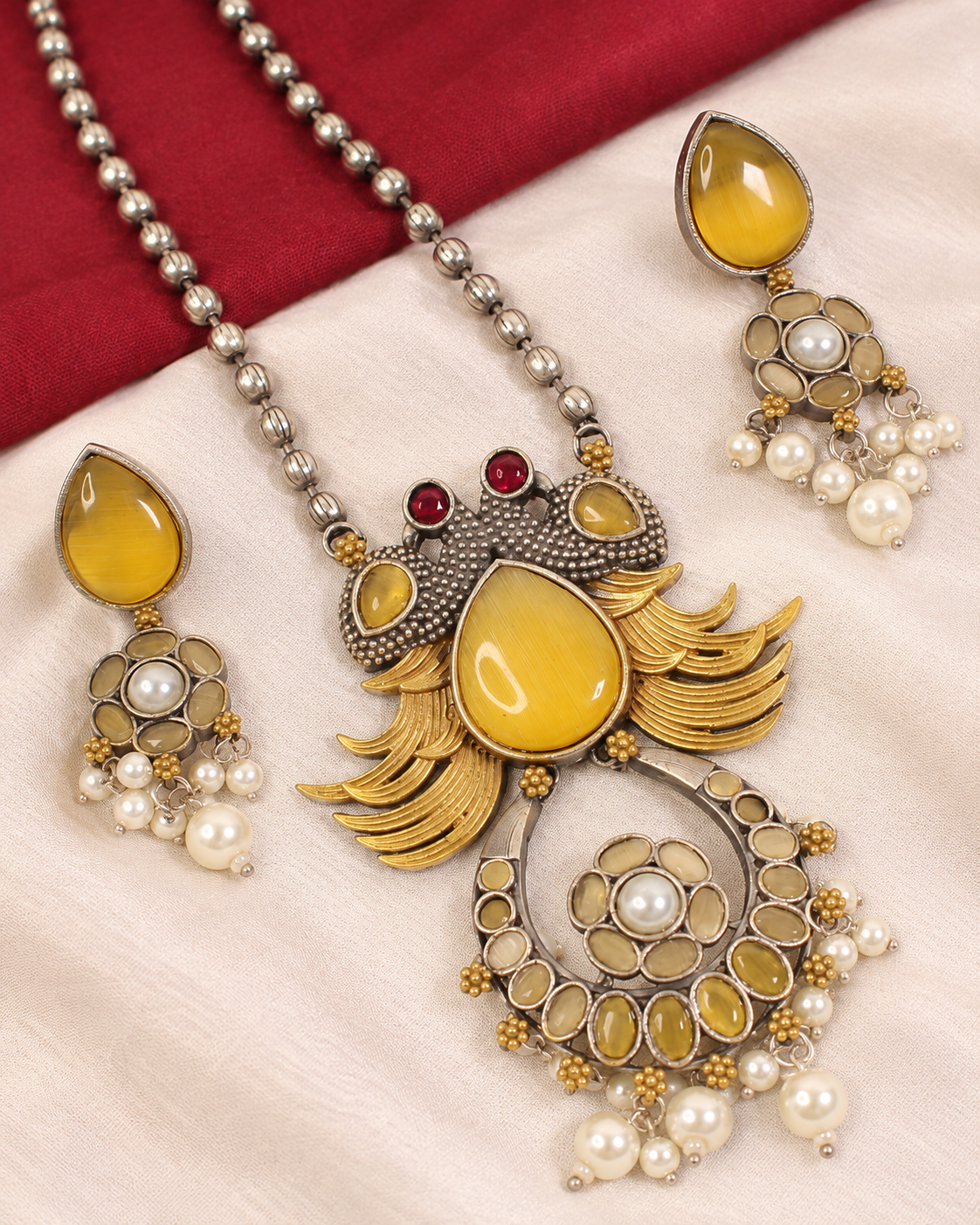 Ornate Teardrop Stone Pendant Set - Yellow — AI-styled ornament detail view