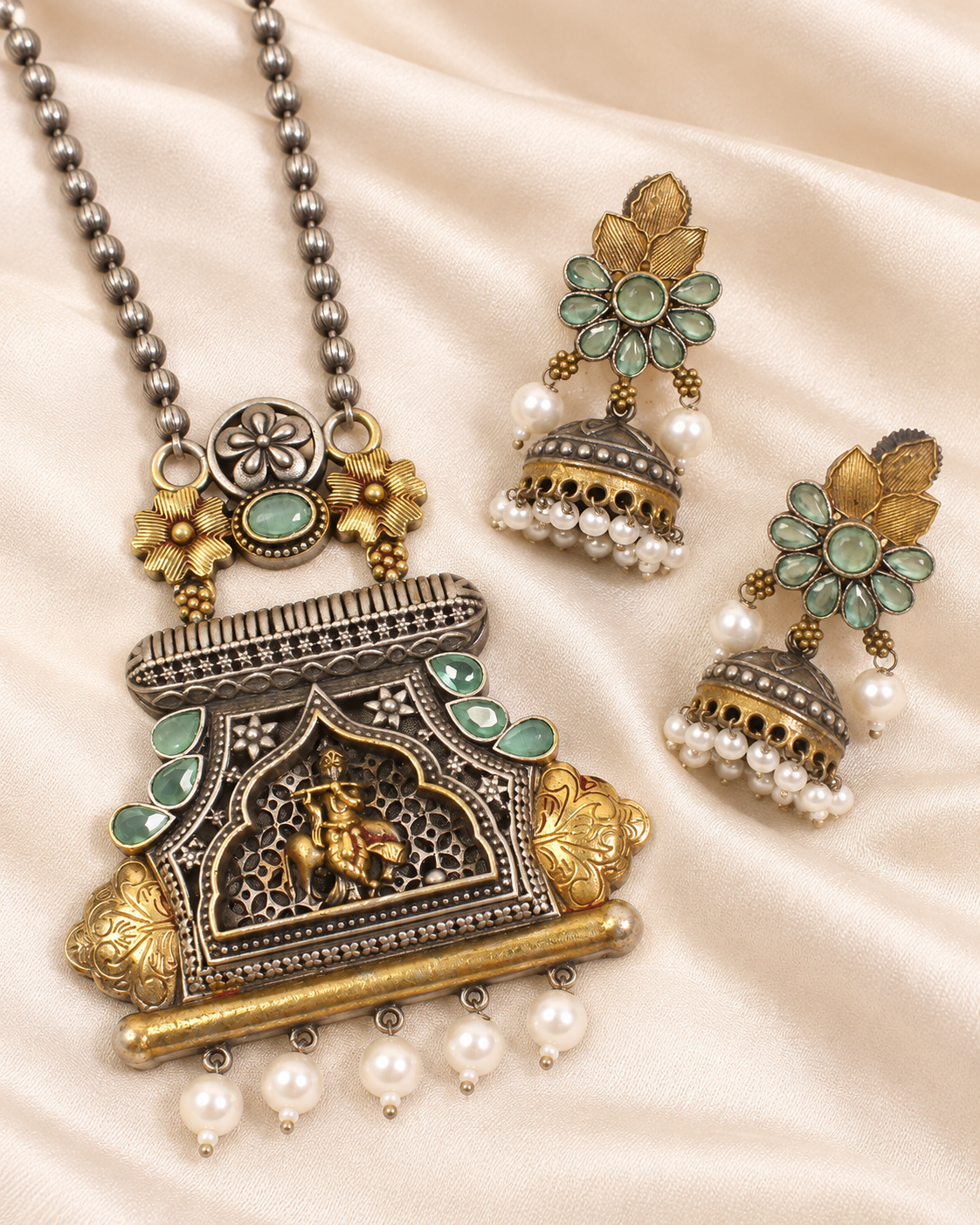 Temple Ganesha Floral Earring Pendant Set - Mint — AI-styled closeup view