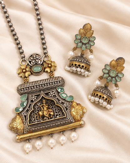 Temple Ganesha Floral Earring Pendant Set - Mint — AI-styled closeup view