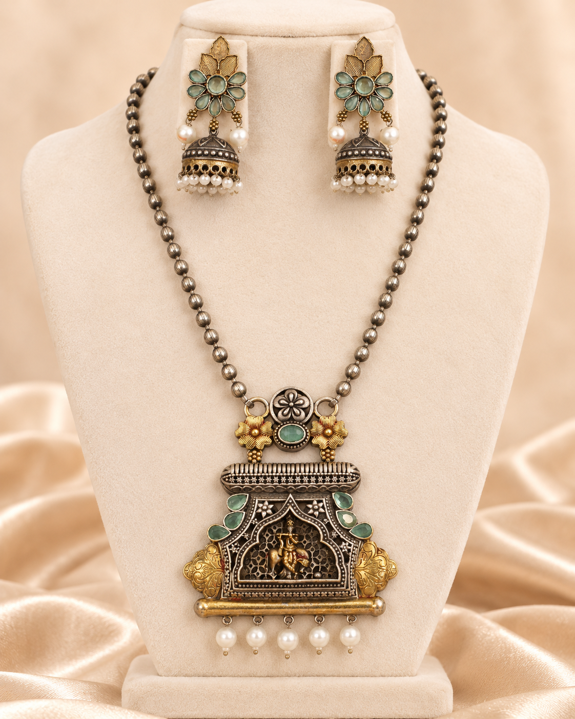 Temple Ganesha Floral Earring Pendant Set - Mint — AI-styled mannequin view