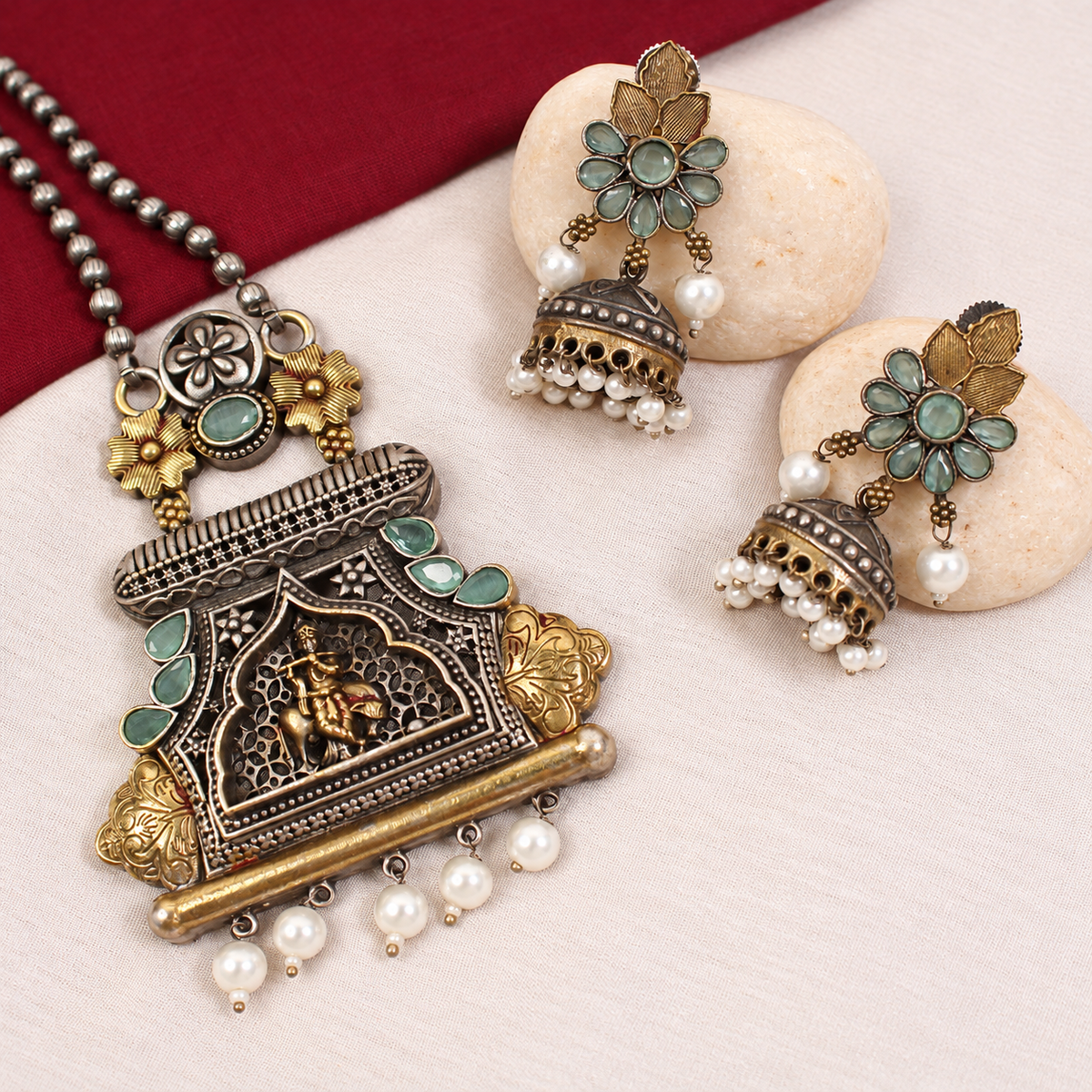 Temple Ganesha Floral Earring Pendant Set - Mint — retouched original photograph IMG_8133