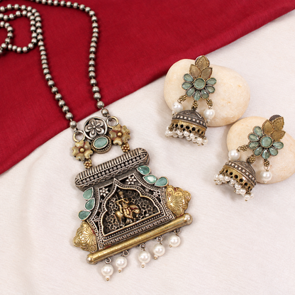 Temple Ganesha Floral Earring Pendant Set - Mint — retouched original photograph IMG_8134