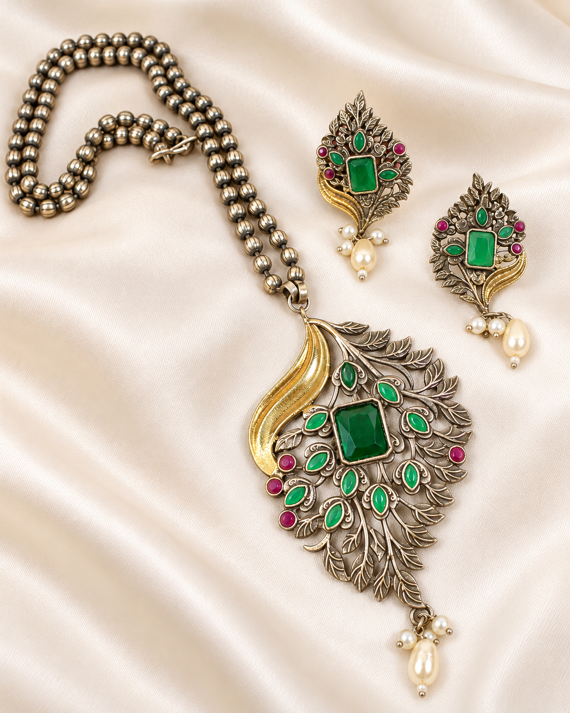 Leaf Peacock Dual Tone Pendant Set - Green — AI-styled closeup view