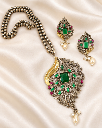 Leaf Peacock Dual Tone Pendant Set - Green — AI-styled closeup view