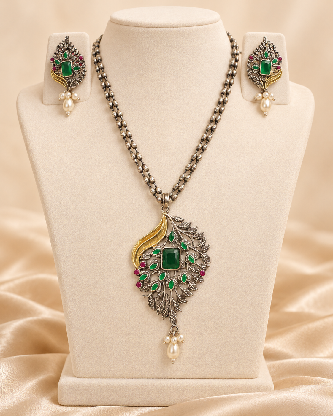 Leaf Peacock Dual Tone Pendant Set - Green — AI-styled mannequin view