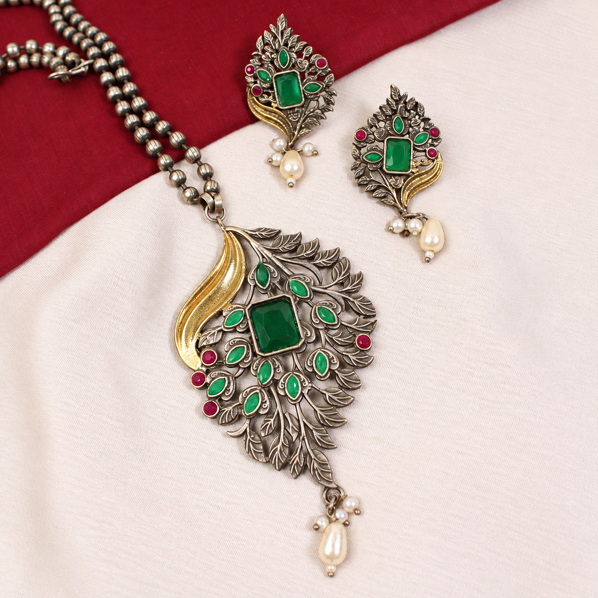 Leaf Peacock Dual Tone Pendant Set - Green — retouched original photograph IMG_8136