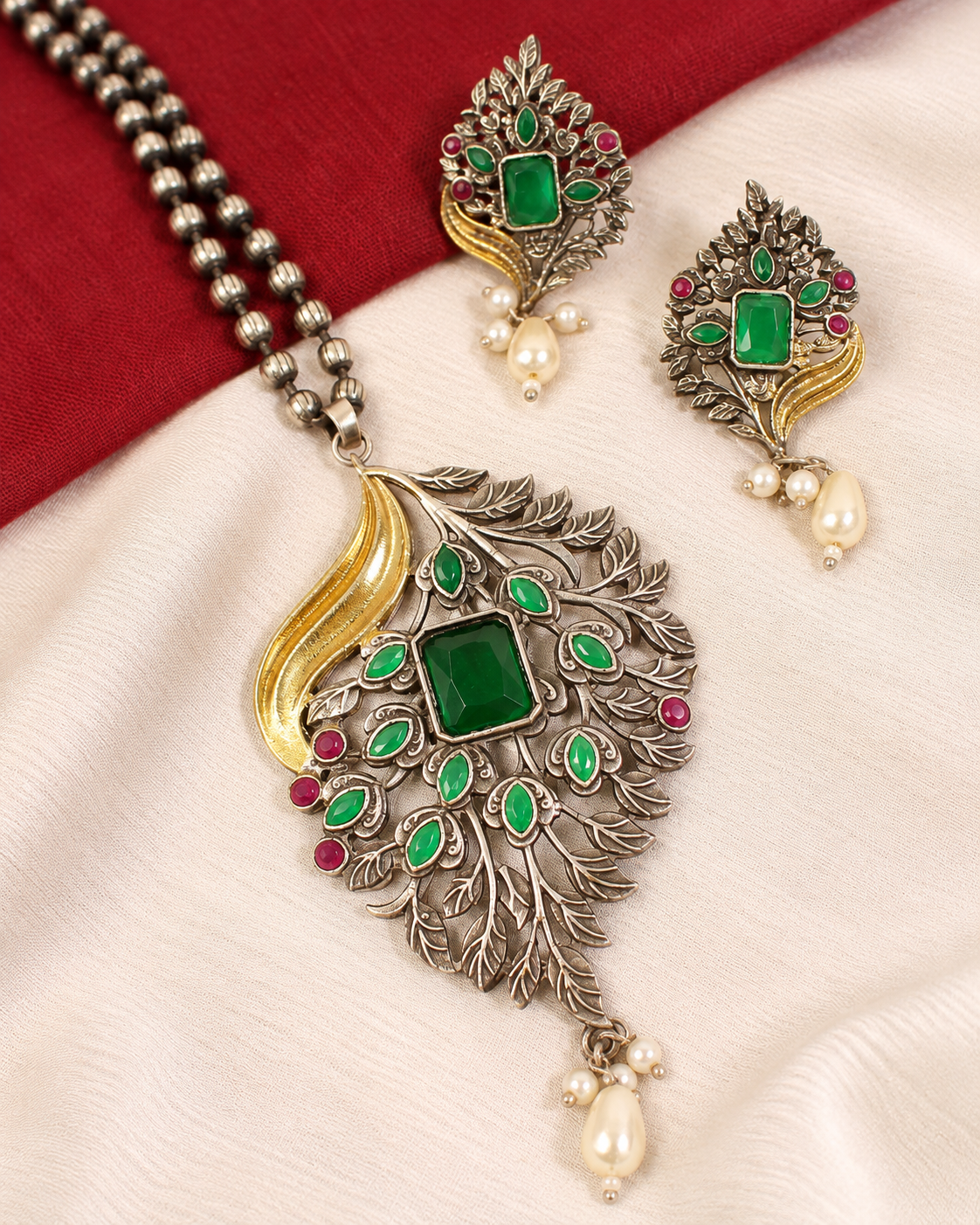 Leaf Peacock Dual Tone Pendant Set - Green — AI-styled ornament detail view