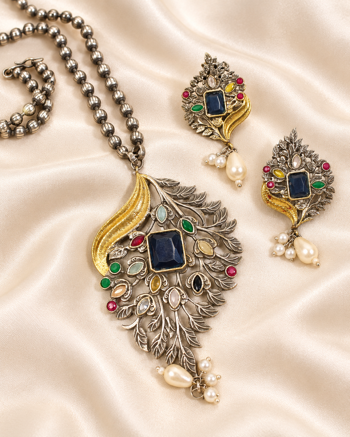Leaf Peacock Dual Tone Pendant Set - Blue — AI-styled closeup view