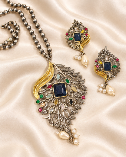 Leaf Peacock Dual Tone Pendant Set - Blue — AI-styled closeup view