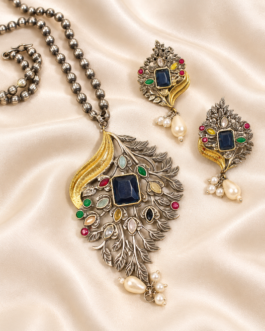 Leaf Peacock Dual Tone Pendant Set - Blue — AI-styled closeup view