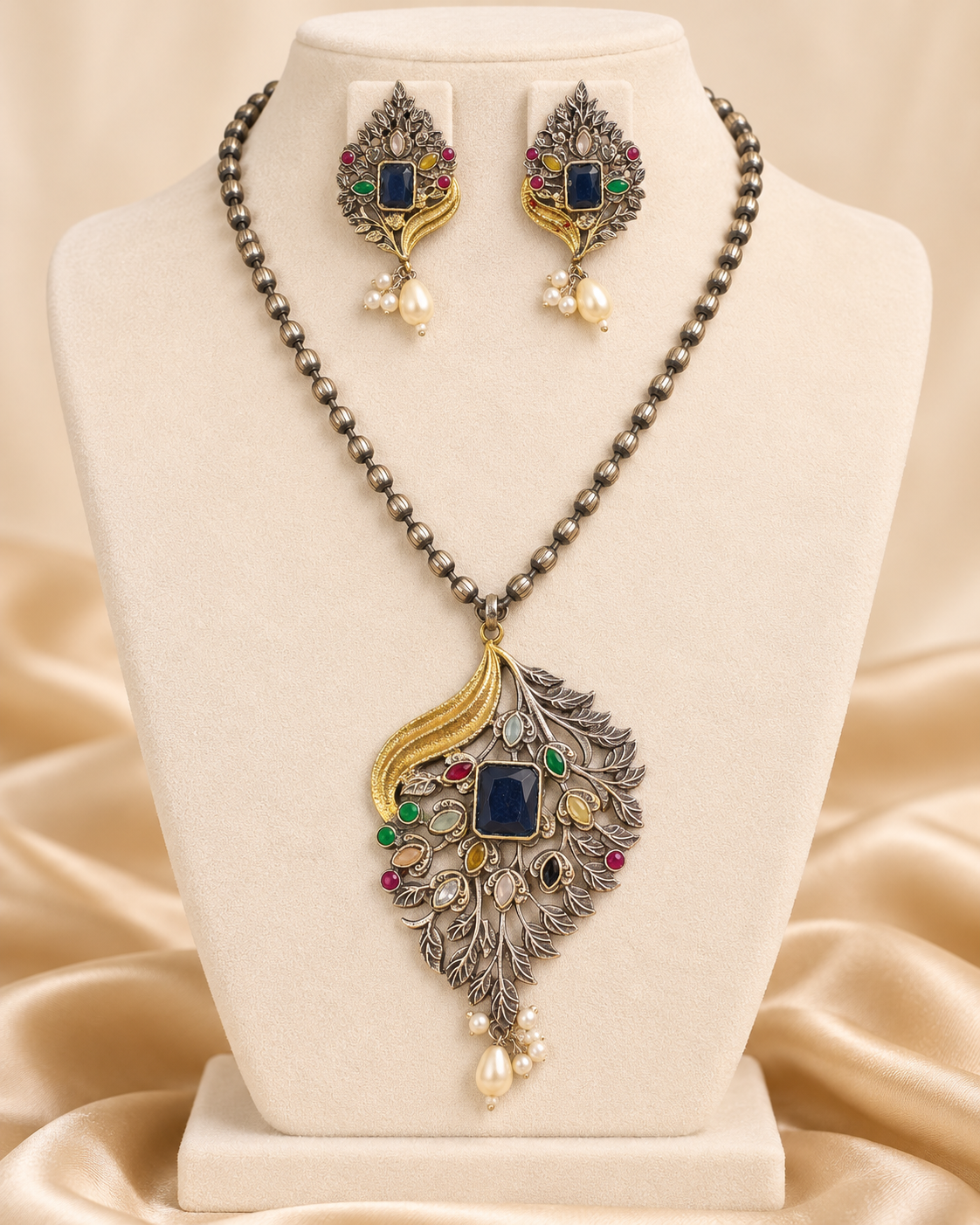 Leaf Peacock Dual Tone Pendant Set - Blue — AI-styled mannequin view