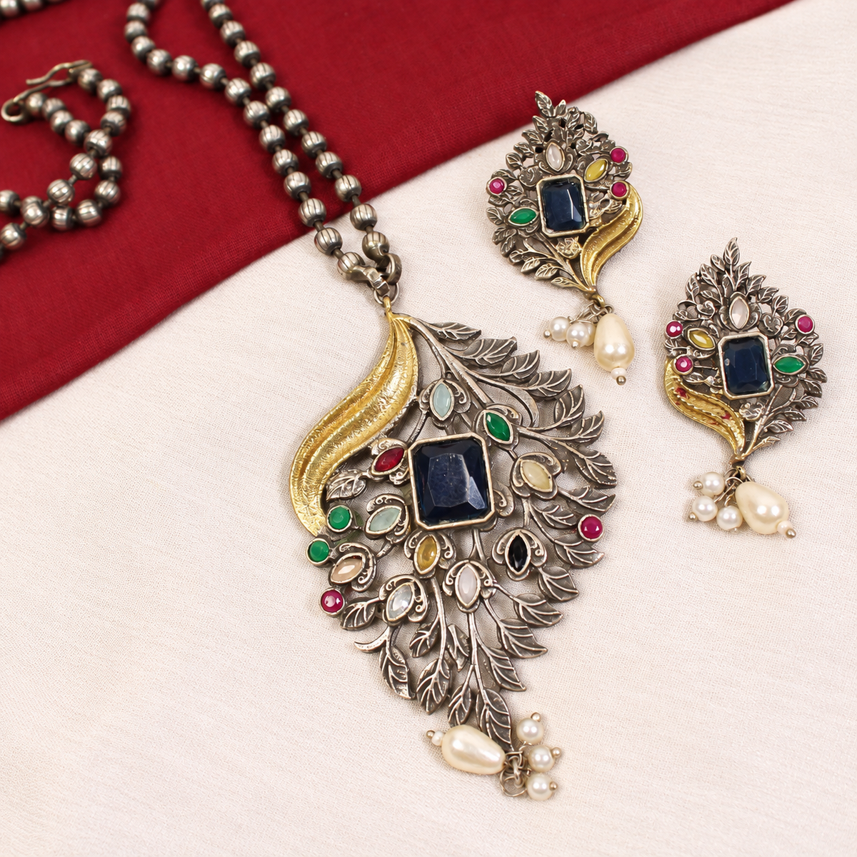 Leaf Peacock Dual Tone Pendant Set - Blue — retouched original photograph IMG_8141