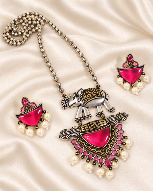 Animal Motif Fan Pendant Set - Pink and Multicolour — AI-styled closeup view