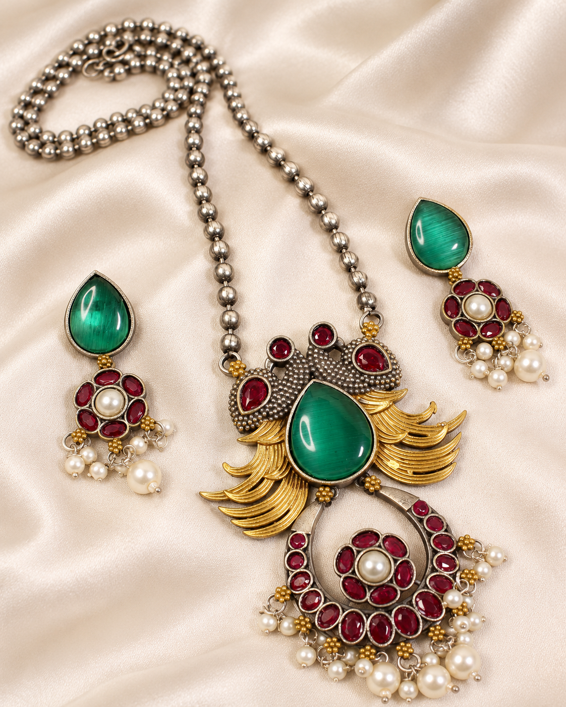 Ornate Teardrop Stone Pendant Set - Green and Ruby — AI-styled closeup view