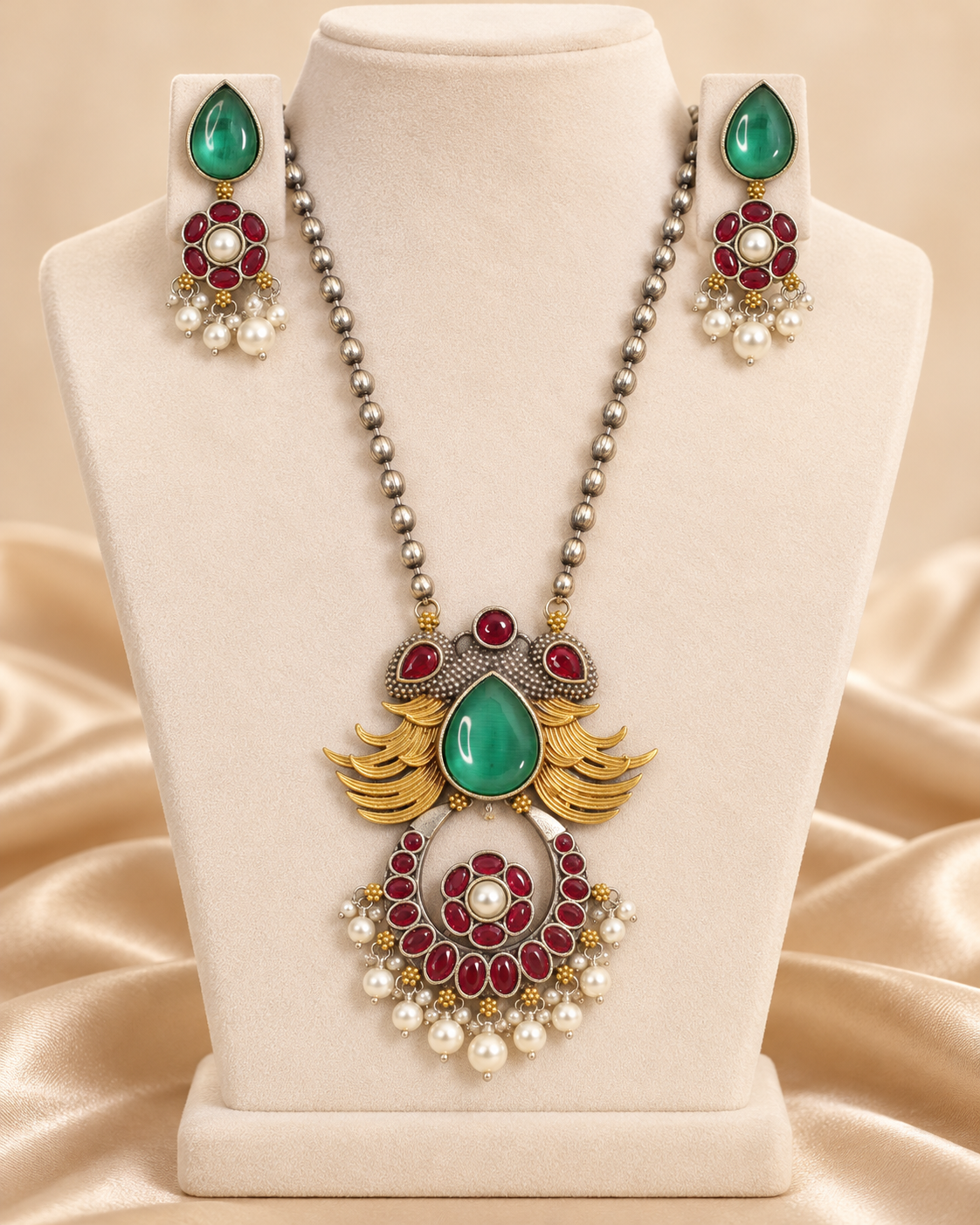 Ornate Teardrop Stone Pendant Set - Green and Ruby — AI-styled mannequin view