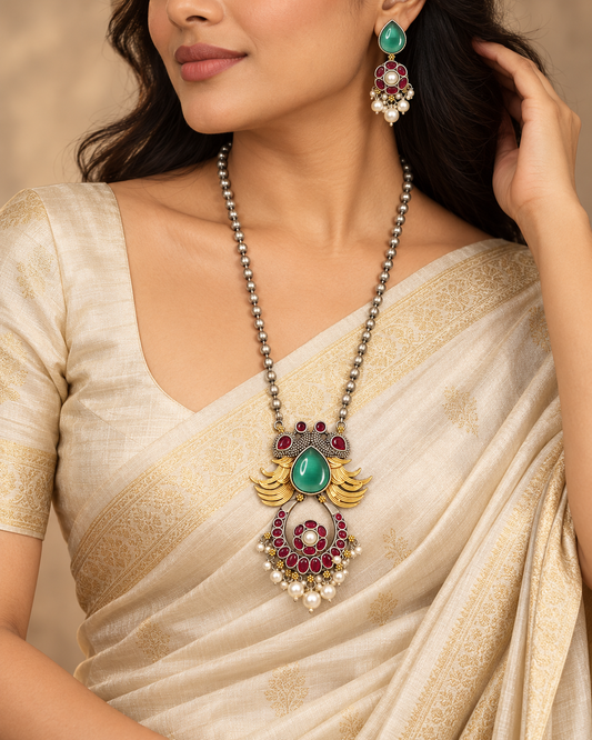 Ornate Teardrop Stone Pendant Set - Green and Ruby — AI-styled model view